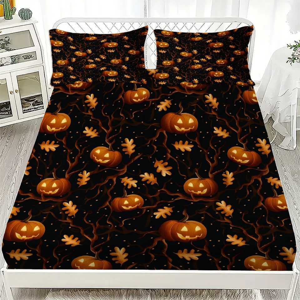 3pcs Fitted Sheet Set Evil Pumpkin Maple Leaf Print Polyester Breathable Bedding Set for Home Halloween Decor with 2 casesM251118