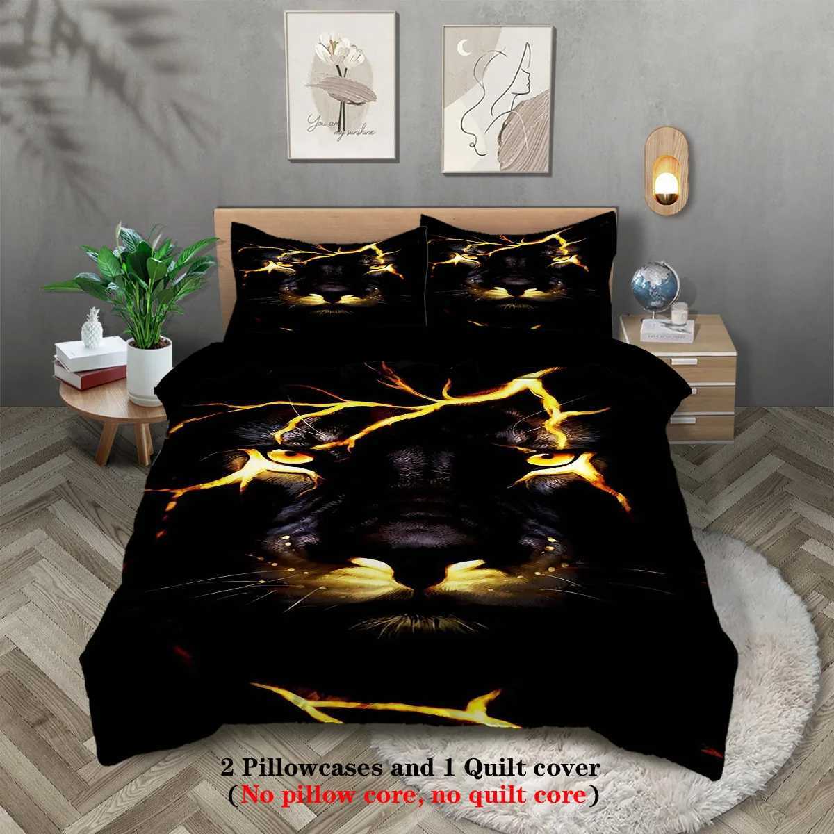 Animal Duvet Cover Set Queen Size Polyester Lightning Lion Pattern Duvet Cover Grey Black Soft Bedding Set for Teen Boys ManM251118
