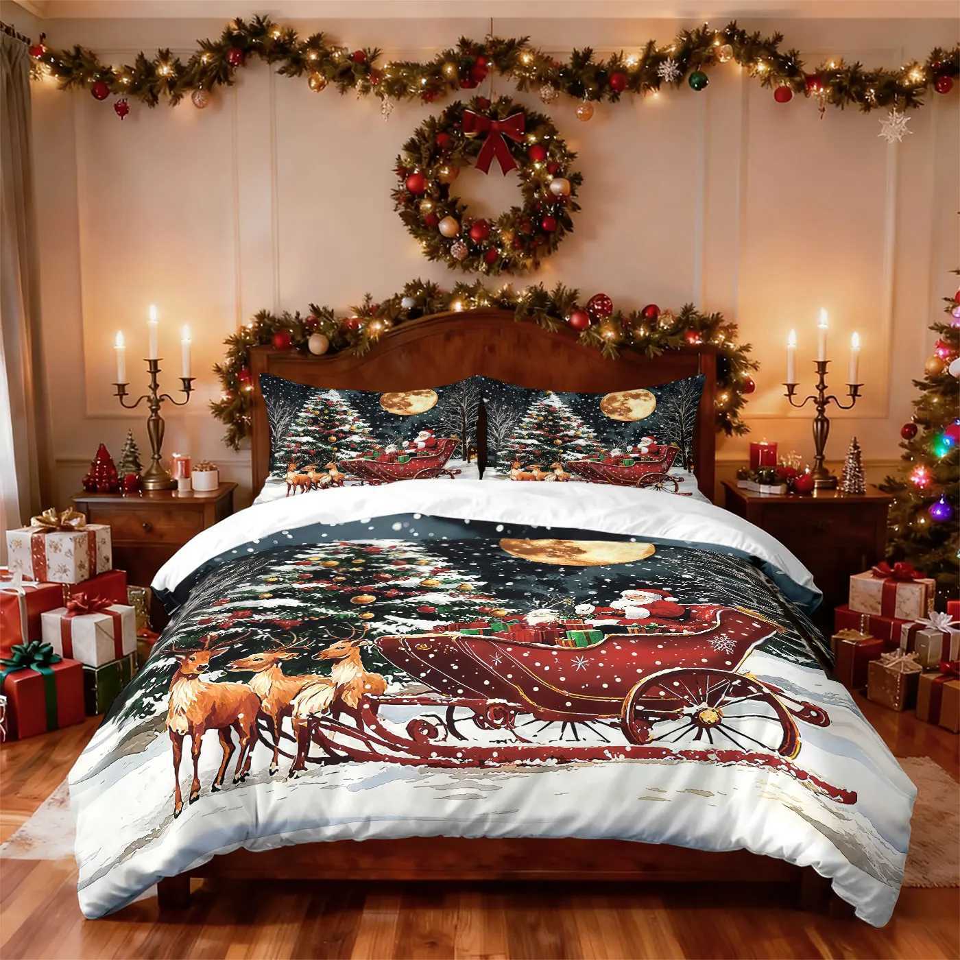 3pcs Santa Claus reindeer red print coreless duvet set multi size bedroom bedding holiday decoration soft machine washableM251118