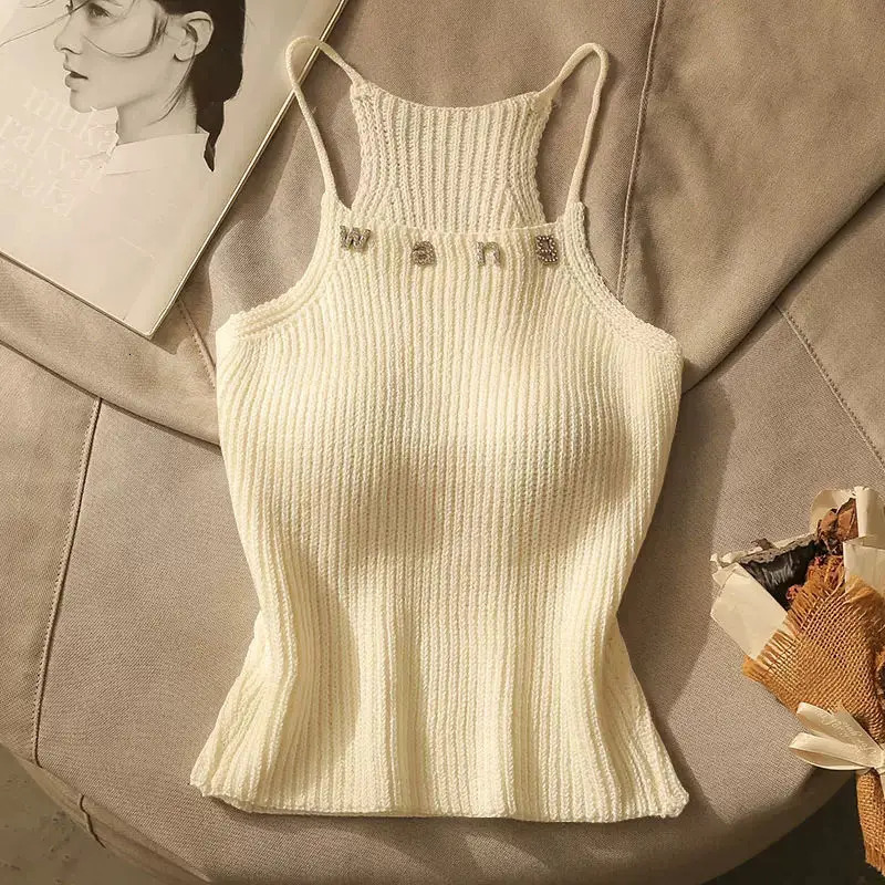 Ladies Letter Knitting Halter Camisole Summer Interior Lapping Trend Sexy Slim Sleeveless Top Tee Women Clothing O-neck Crop Top 250417
