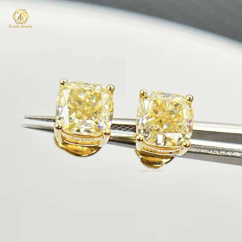 High Quality 18K Yellow Gold Fine Jewelry Certified GRA Canary Yellow 7x7MM 2CT Cushion Cut Moissanite Earrings