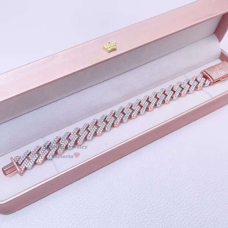 Hip Hop Iced Out 10mm 13mm 15mm Rose Godl 2 Tone Vvs Moissanite Cuban Bracelet