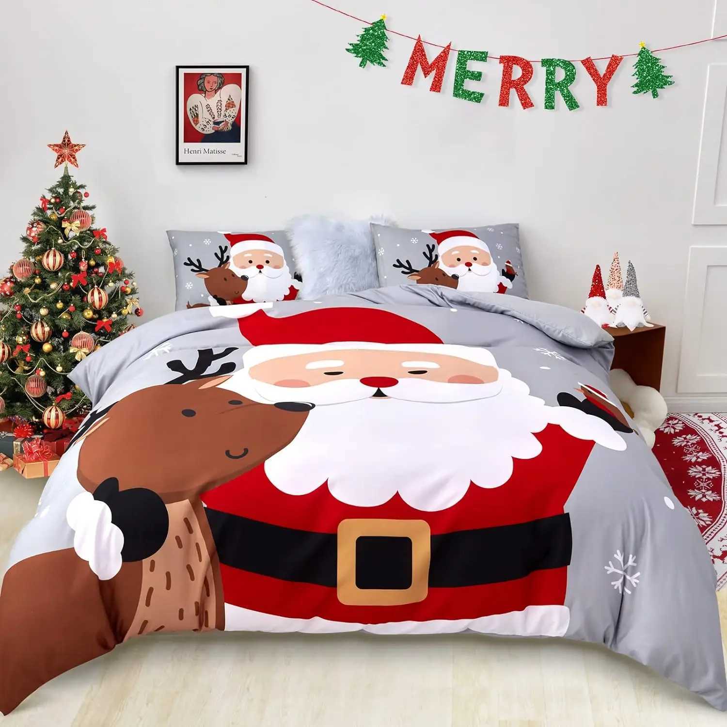 Christmas Duvet Cover Set Queen Size Bedding Comforter Cover Santa Snowflake Santa Claus Pattern For Kids Bedroom DecorationsM251118