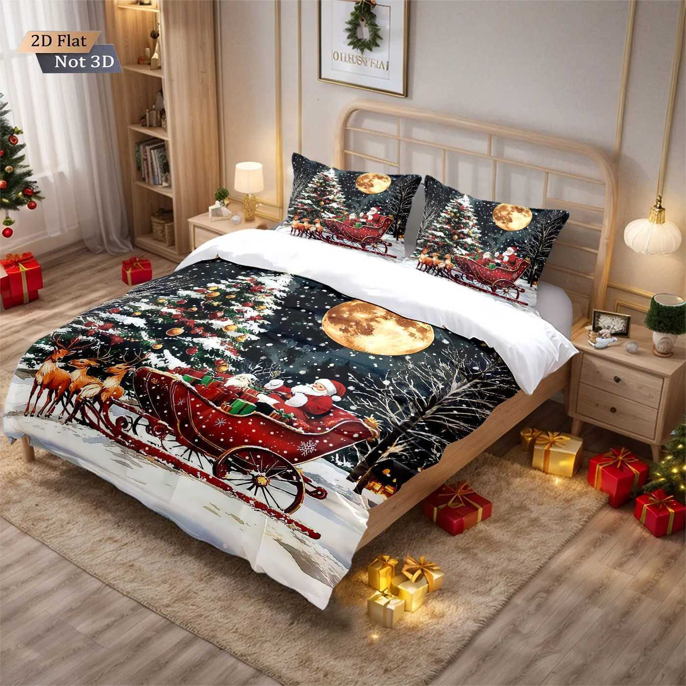 3pcs Santa Claus reindeer red print coreless duvet set multi size bedroom bedding holiday decoration soft machine washableM251118