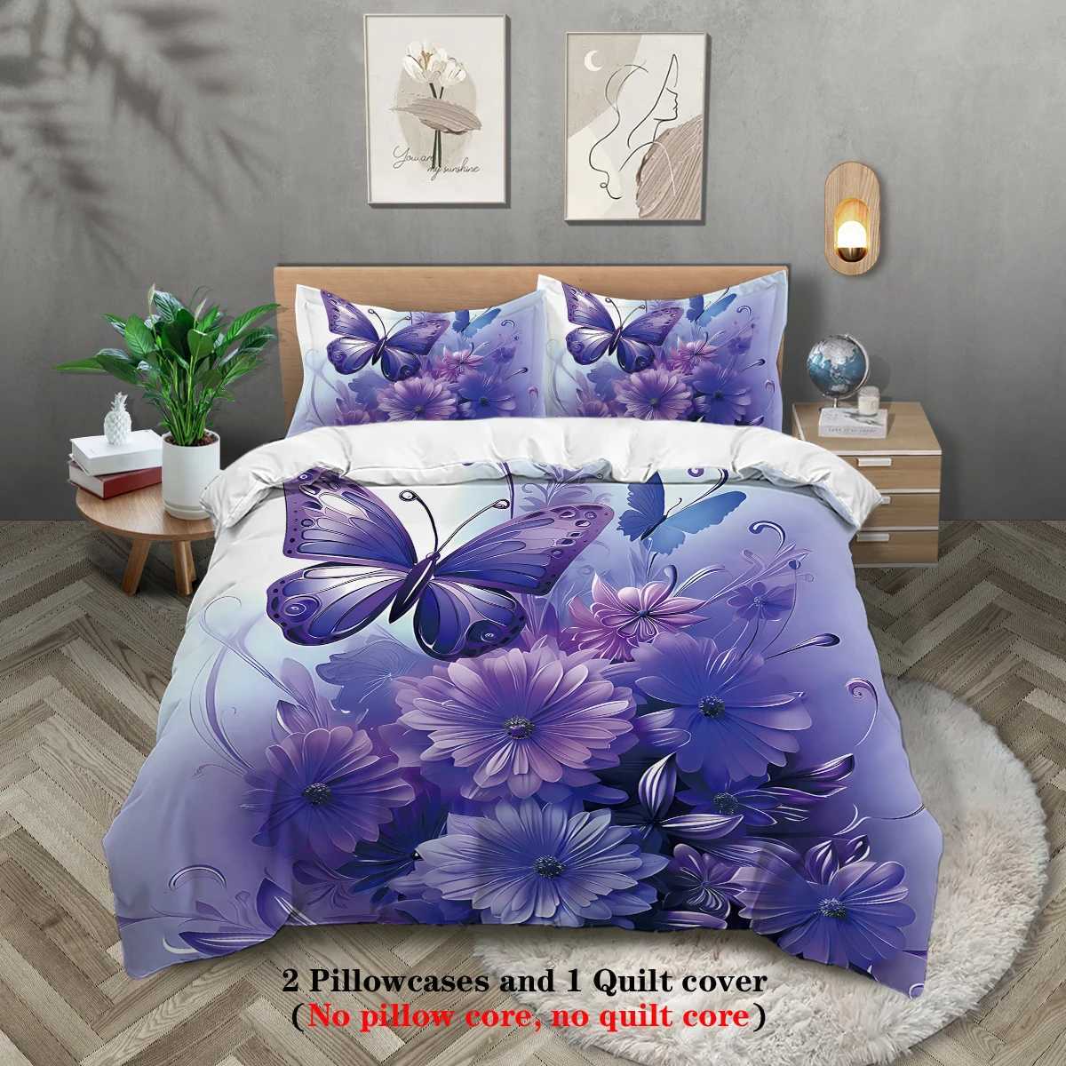 3pcs fashionable purple butterfly printed bedding set soft and comfortable for women bedroom queen king and twin bedM251118