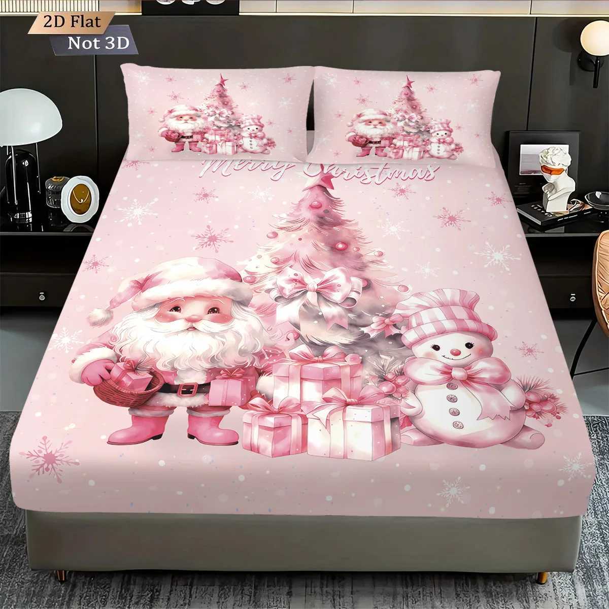 3pcs pink Christmas snowman print coreless bed sheet set multiple sizes bed covers bedroom bedding decorations machine washableM251118