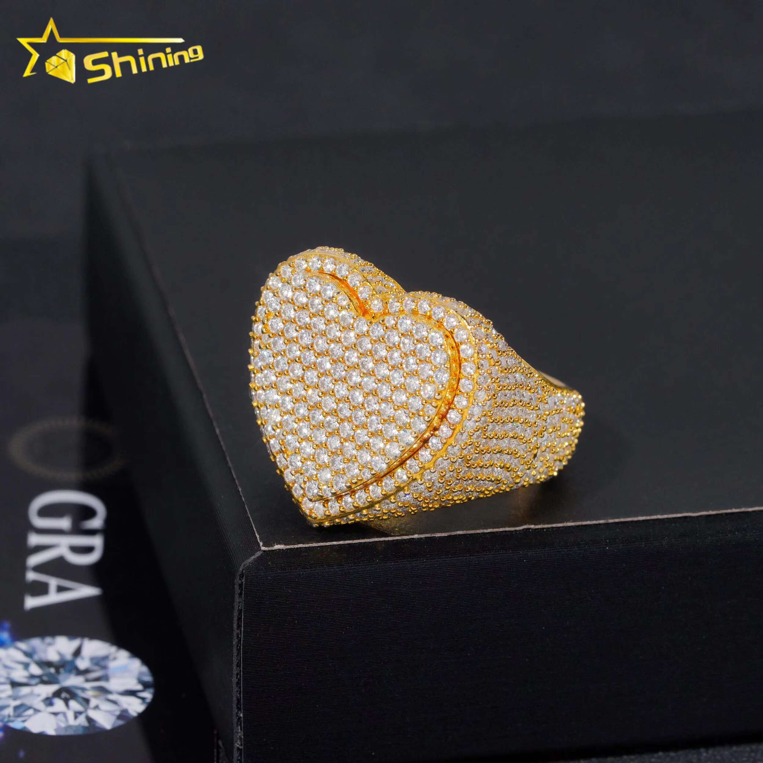 Hip Hop Fine Jewelry Two Layers Heart Style Iced Out Gold Plated Sier Moissanite Rings for Men