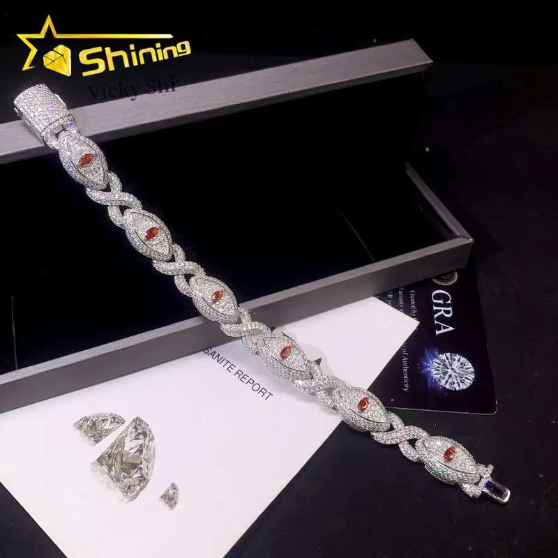 New Design S Sier Iced Out Moissanite Evil Eyes Link Custom Men Full Dia Hip Hop Cuban Bracelet