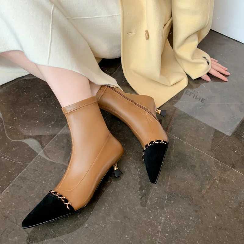 Fashion Ochanmeb Wen Luxury Designer Chain Mix-color Boots Sheep Suede Pointy Toe Kitten Heel Ankle Boot Nude Autumn Winter Shoe Botas Y251118