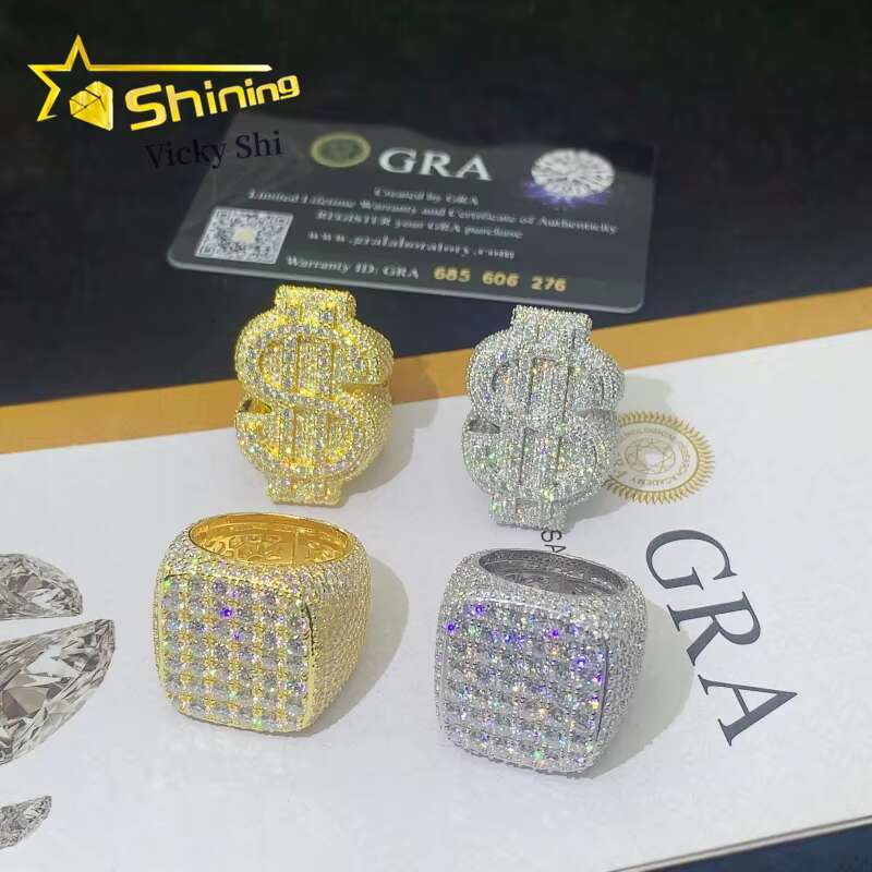 Rapper Hip Hop Jewelry S Sier Gold Plated Iced Out VVS Full Moissanite Ring Pass Dia Tester
