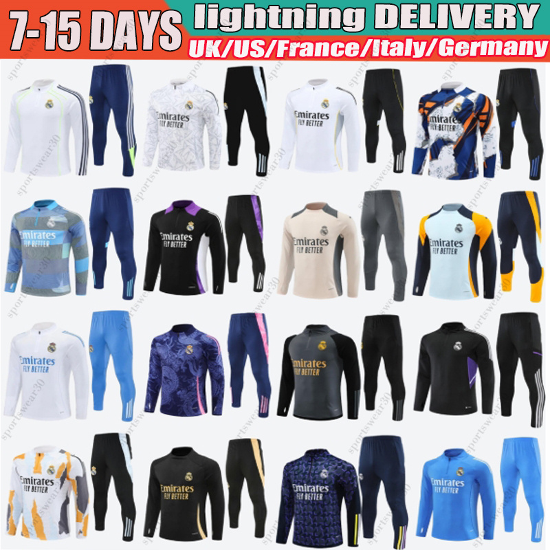 25 26 reals Madrid Tracksuits MBAPPE Bellingham Vini Jr 24 23 22 Retro training mens kids half pull training jersey football tracksuit Soccer Sets