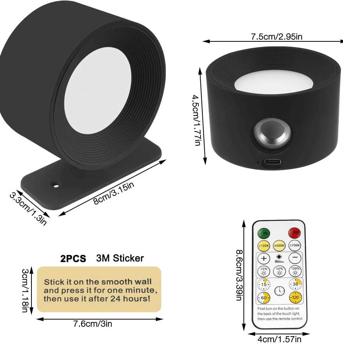 Magnetic Touch Rechargeable Wall Lamp with Remote 3 Color Temperatures Dimmable 360 degree Rotation Cordless Light Bedroom Lamp M251118