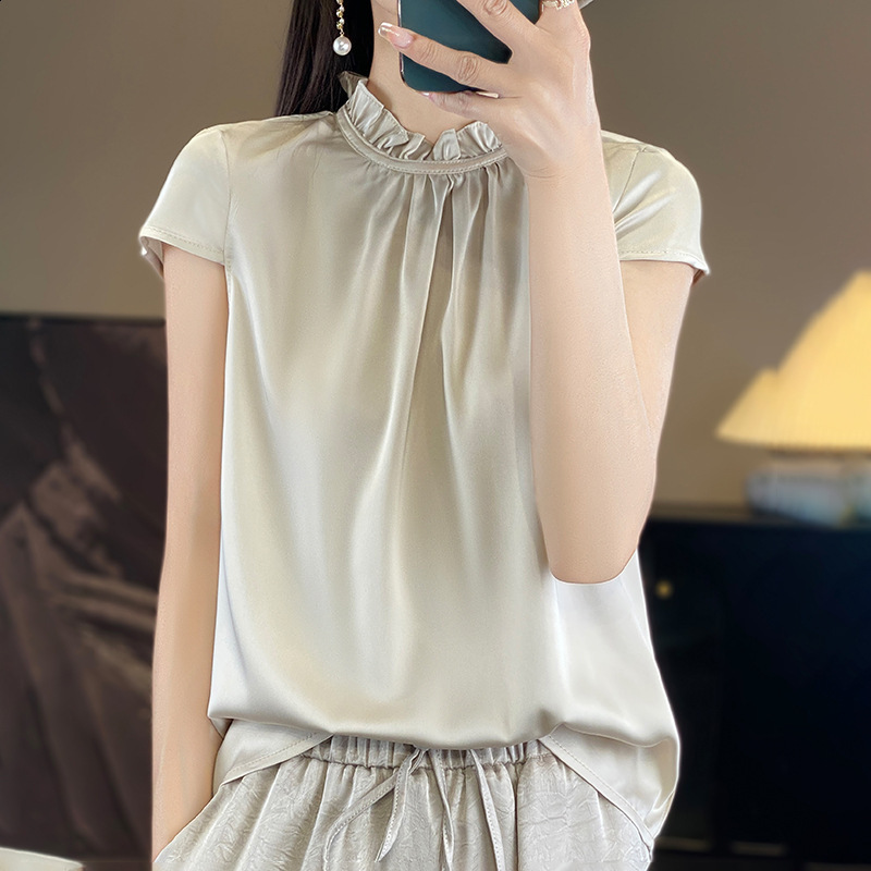Womens Tops and Blouses Casual OL Silk Blouse Summer Loose Basic Satin Shirt Work Wear Blusas Feminina Tops Shirts Plus Size XXL 210323