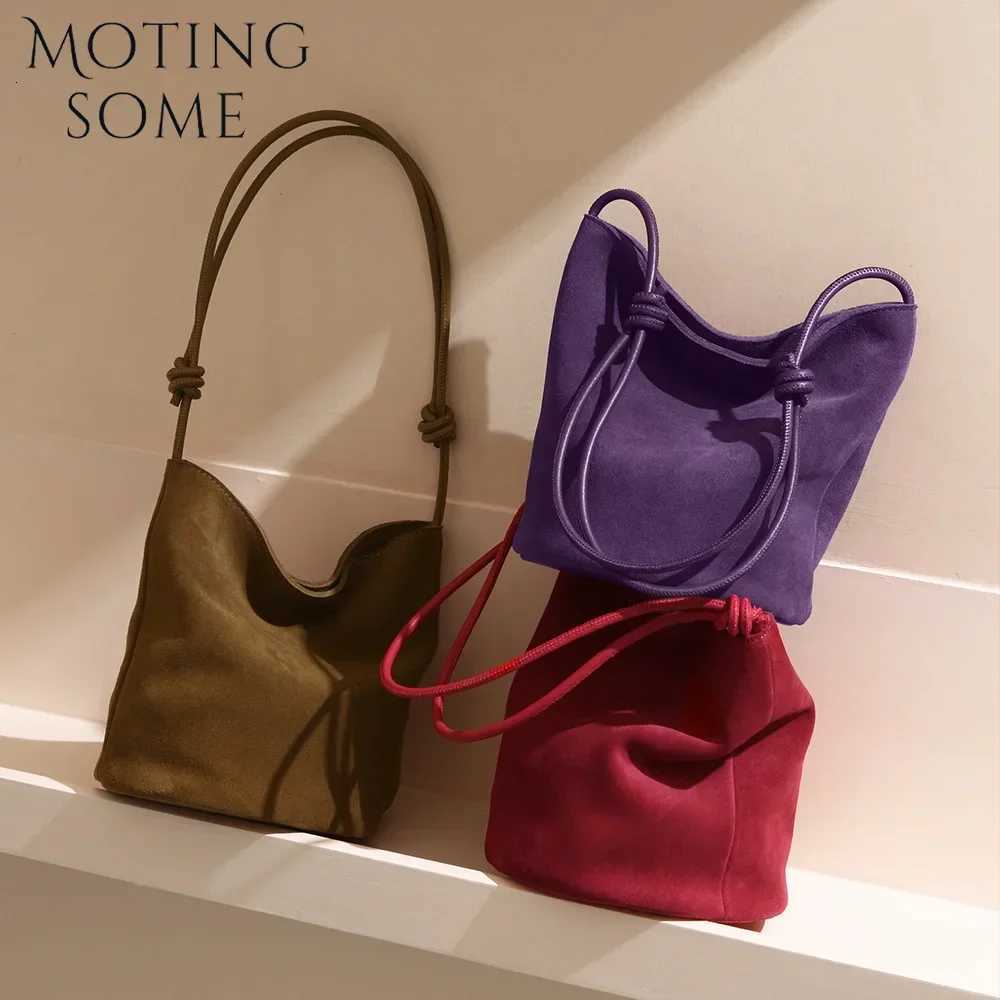Motingsome Suede Leather Handbag Women Mini Bucket Tote Strings Shoulder Vintage Bags Winter Daily Commuting Purses 2024 NewW251118