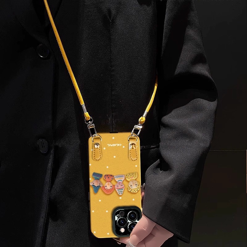 Dopamine Doll Phone Case Compatible with iPhone 17/16 Pro Max Crossbody Strap Handheld Leather Full Coverage Protective Case for Women