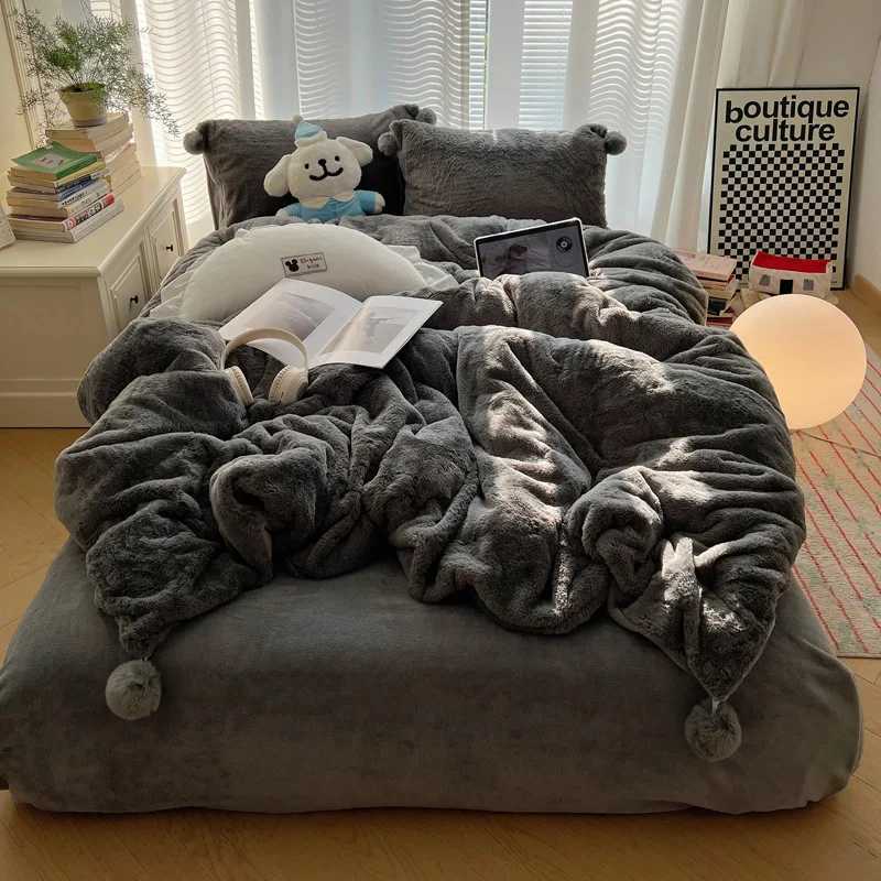 2024 new winter thickened rabbit plush bed four-piece set premium plush bedding coral flannel quilt coverM251118