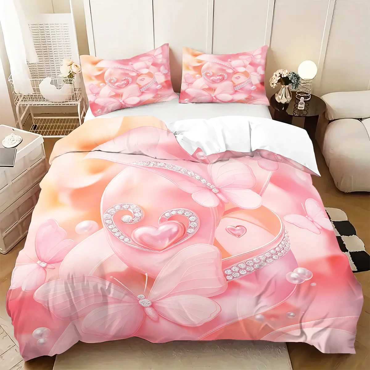 3pcs pink floral butterfly pattern duvet cover set 1 duvet cover2 cases coreless Soft and comfortable bedding setM251118