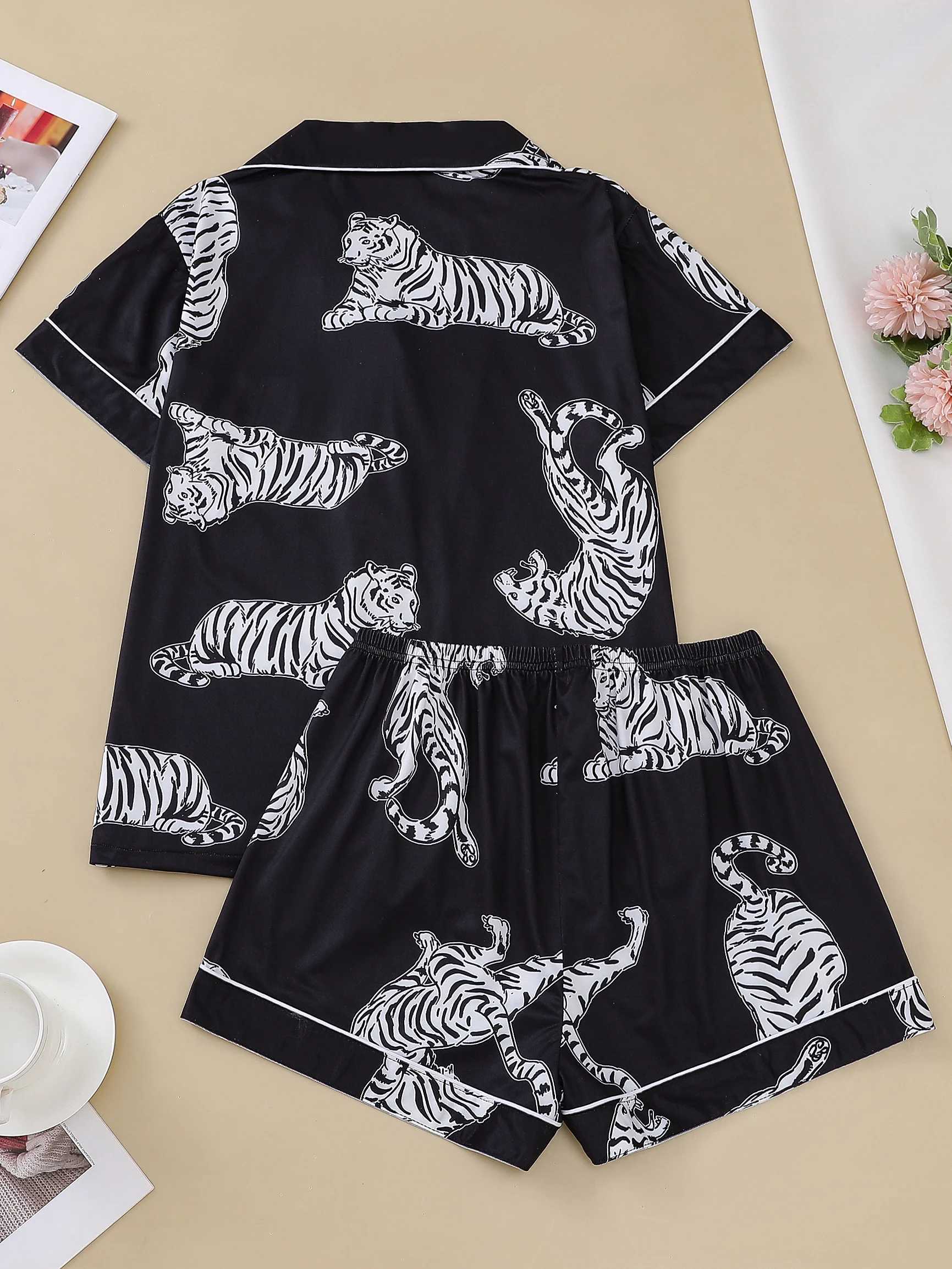 Black Tiger Double Short Womens Printed Pajama Set Collar Short Sleeve Top and Loose Shorts Comfortable Womens PajamasC250418