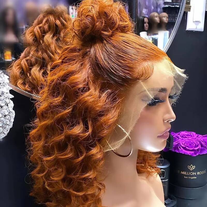 Double Drawn Short Wig Ginger Color Big Loose Curly Raw Indian Hair Transparent HD Lace Front Wigs