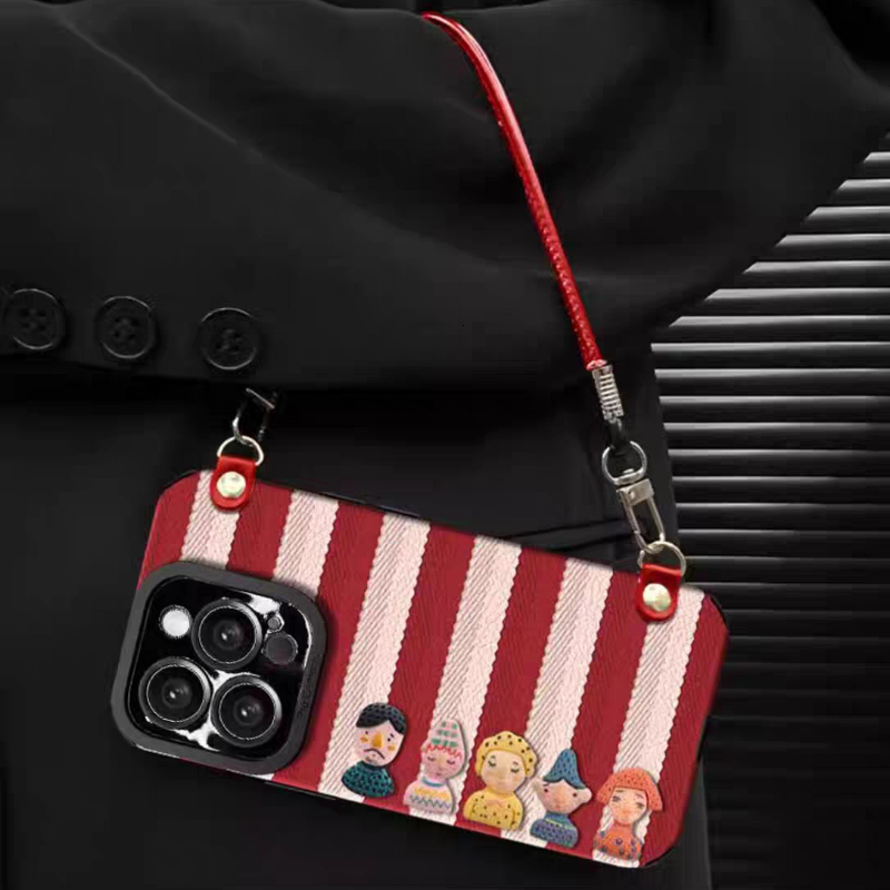 Striped 3D Doll Phone Case Compatible iPhone 16/15 Pro Max New Model with Lanyard Full Coverage Shockproof Protective Case