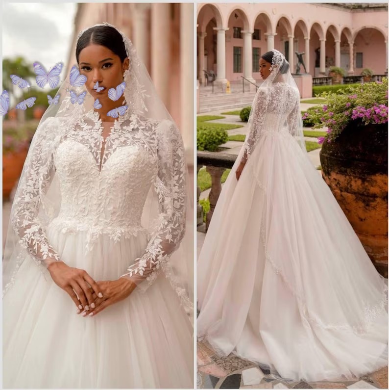 Long Sleeves Beading Wedding Dresses Illusion Tulle A Line Applique Long Sleeves Bohemia Lace Bridal Gowns Plus Size for Bride Custom Made