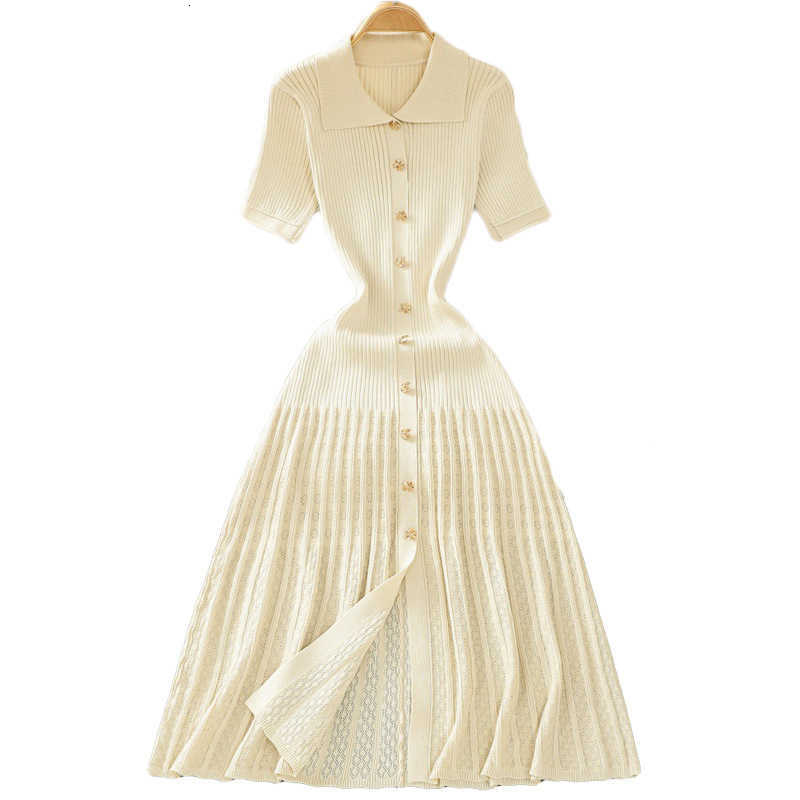 Summer Womens Black Rice Single Chest Knitted Long Skirt Green Elegant Office Short Sleeve Folded Dress Fashion