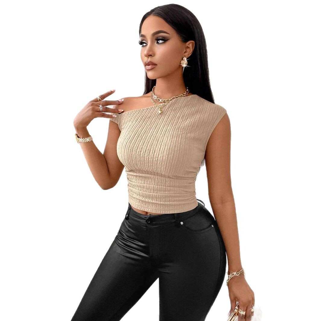 2025 summer solid color asymmetrical collar off shoulder slim fit pleated top for women