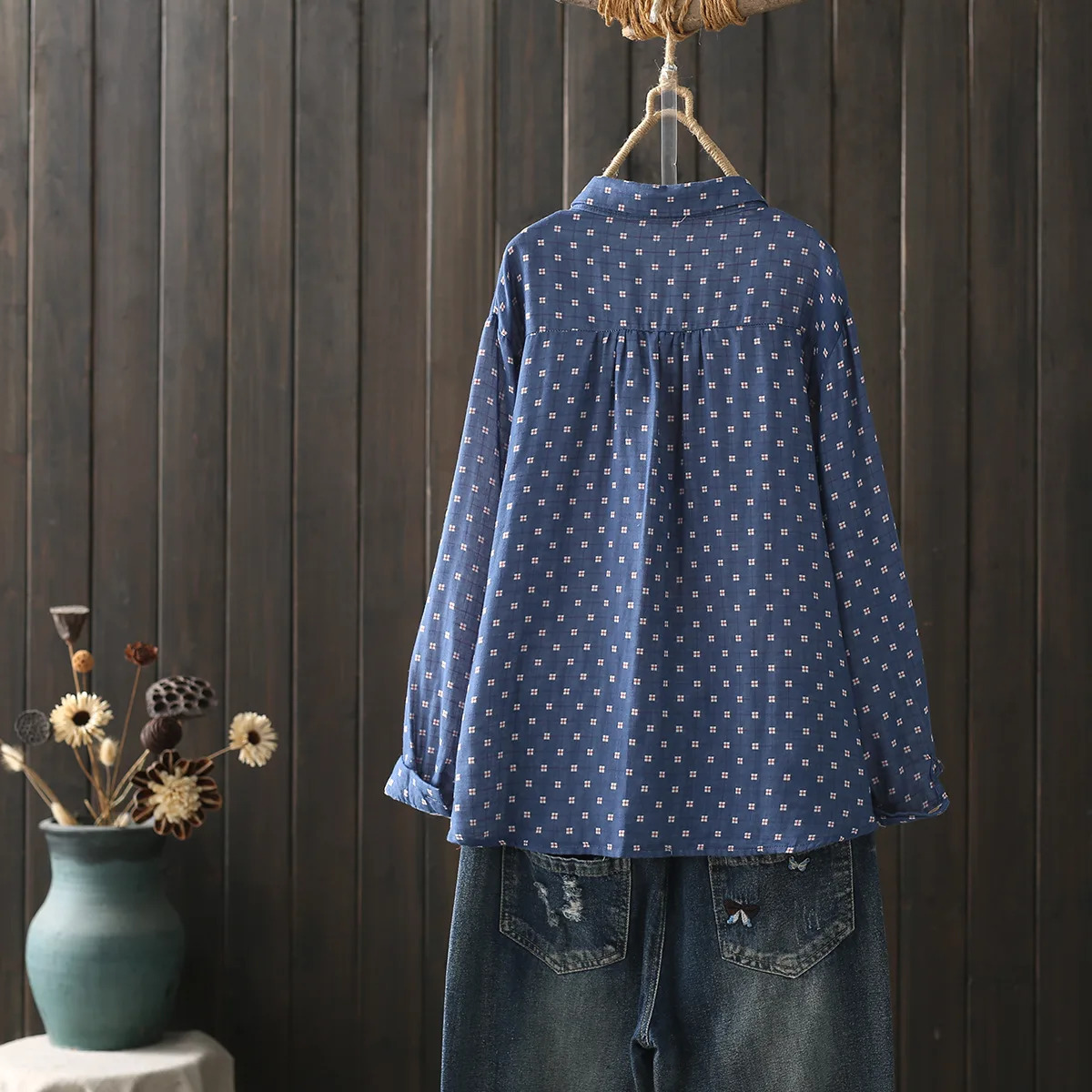 Autumn Two Layer Cotton Yarn White Shirts Women Dot Print Tops Long Sleeve Pocket Loose Casual Blouses Spring T38513JM 250417