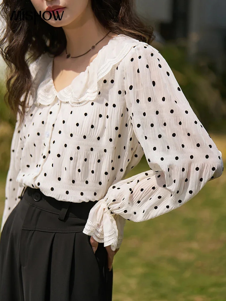 MISHOW Polka Dot Chiffon Tops Spring/Summer Peter Pan Collar Lace Petal Sleeve Female Single Breasted Blouses MXC14X0008 250417