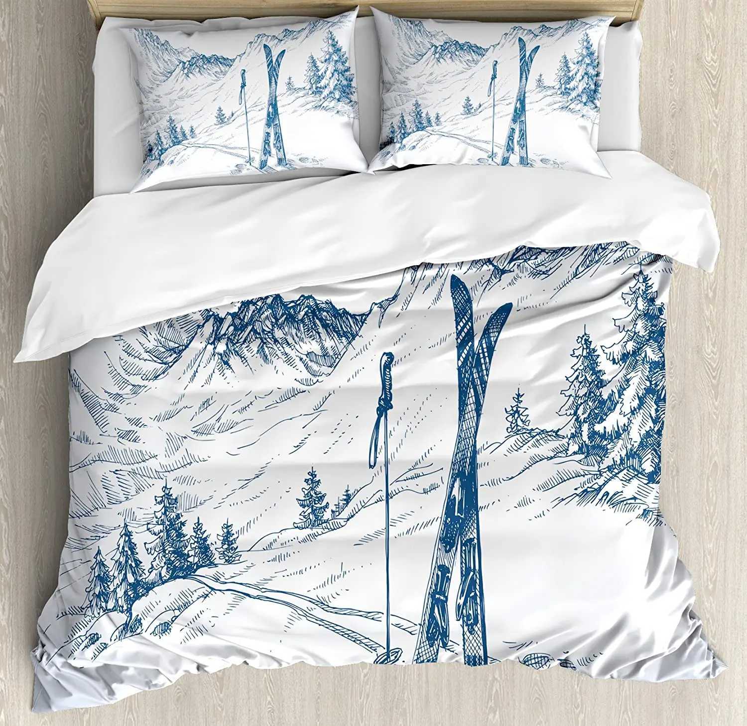 3pcs Bedding Set White Snow Cable Car Ski Mountain Sketch Duvet Cover Case Boy Kid Teen Girl Bedding Covers SetM251118