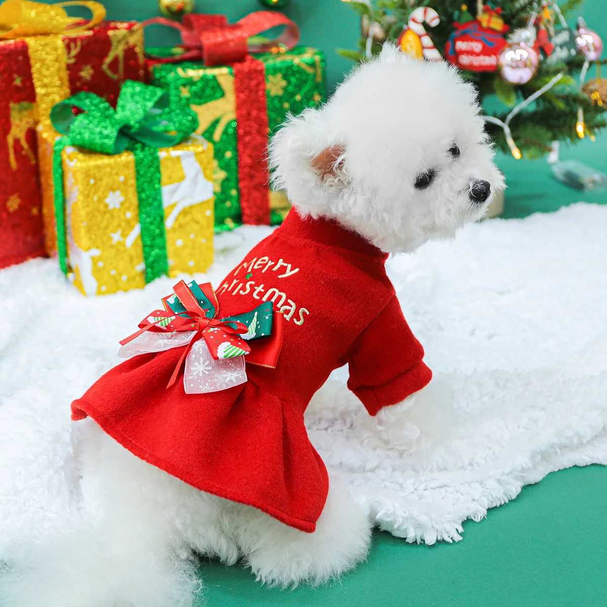 Pet Dog Cat Clothing Autumn and Winter Warm Christmas Red Thickened Warm Dress C251118