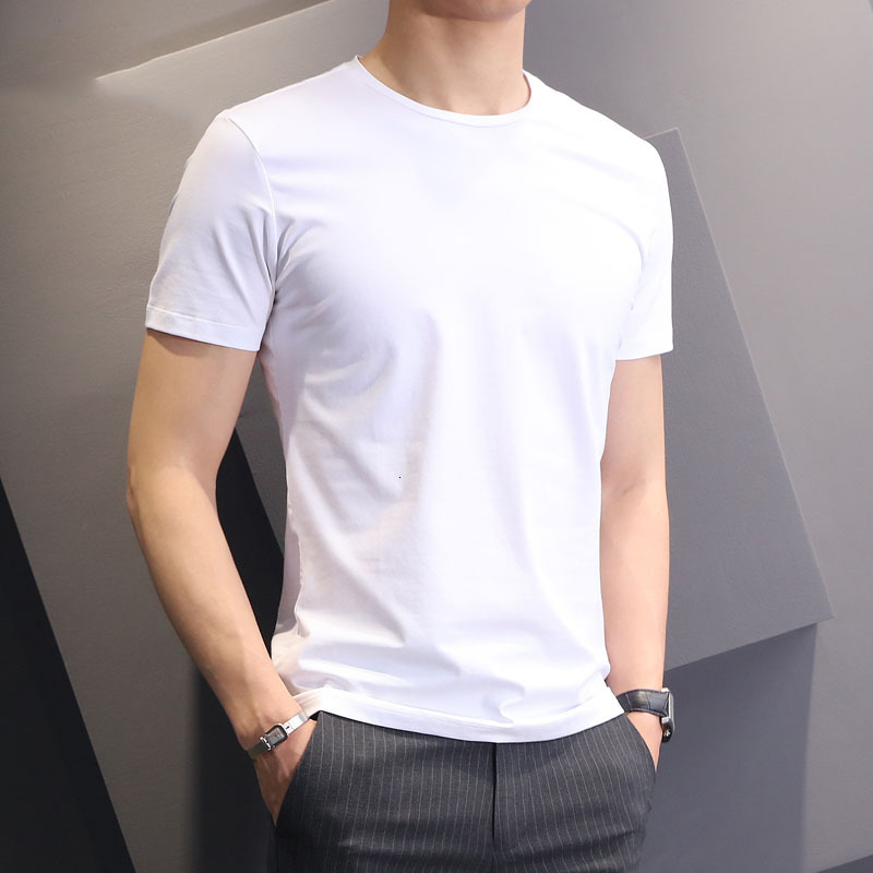 Summer solid color short T-shirt, round neck, half sleeved upper garment, white men's bottom shirt, slim fit T-shirt trend
