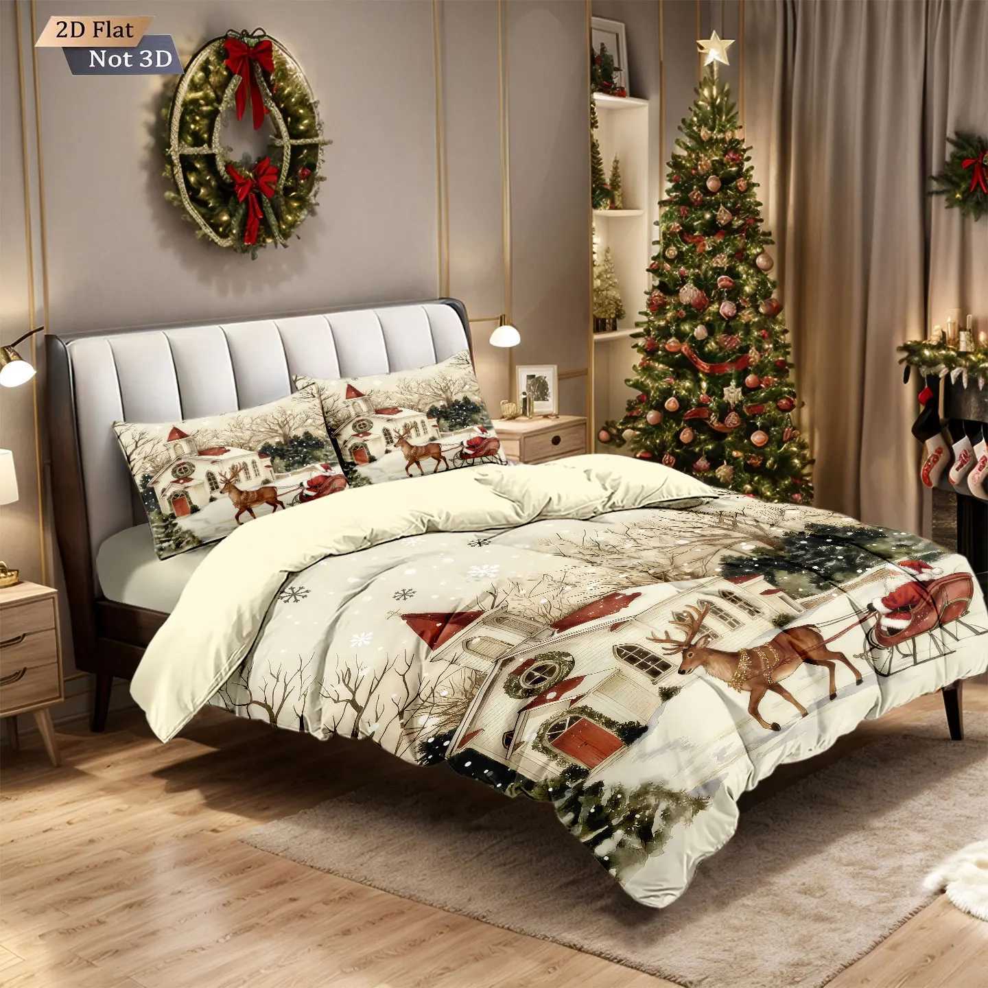 3pcs Christmas town print chipless bedding set multi size bedroom and dormitory duvet covers soft machine washable decorationM251118