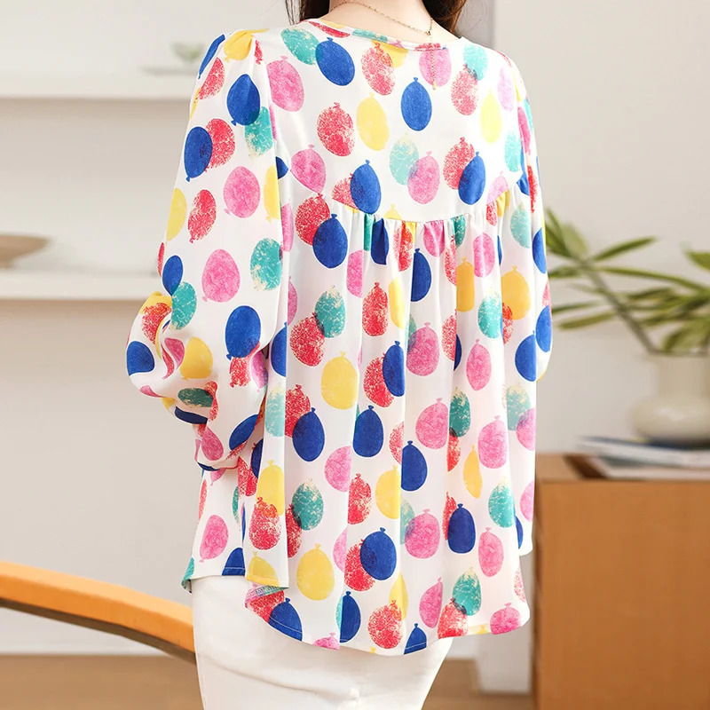 Colorful Polka Dot Print Sweet Chiffon O-Neck Lantern Sleeve Loose Womens Blouse Shirt Korean Fashion Female Clothing Tops 250417