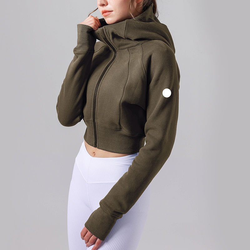 Womens Yoga Jacket Fleece Lined Short Hooded Sweatshirt Windproof Warm Sports Coat Yoga Jackets Autumn Winter Outdoor Training Sports Jackets Zipper Up Coats