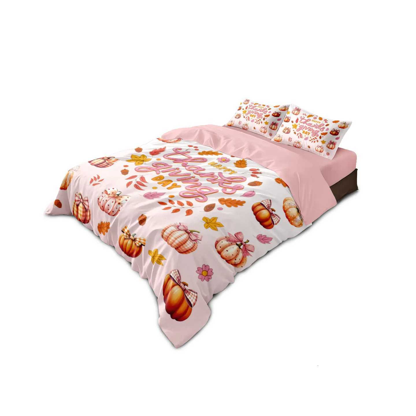 3pcs Pink Autumn Harvest Pumpkin Print Quilt Set with Coreless Multi Size Bedrooms Dormitories Soft Comfortable Machine WashableM251118