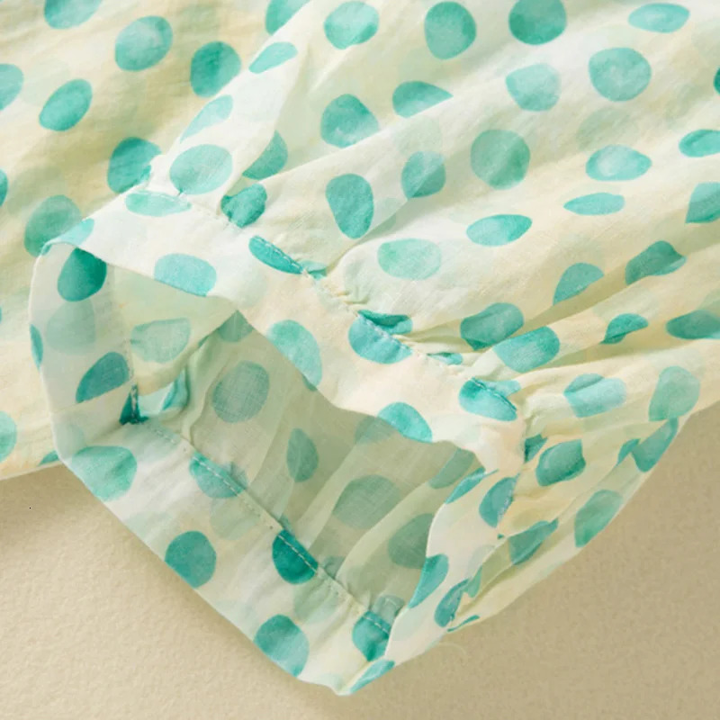 Polka Dot Printing Casual Linen Polo-Neck Short Sleeve Single Breasted Womens Blouse Shirt Female Clothing Tops Spring 250417