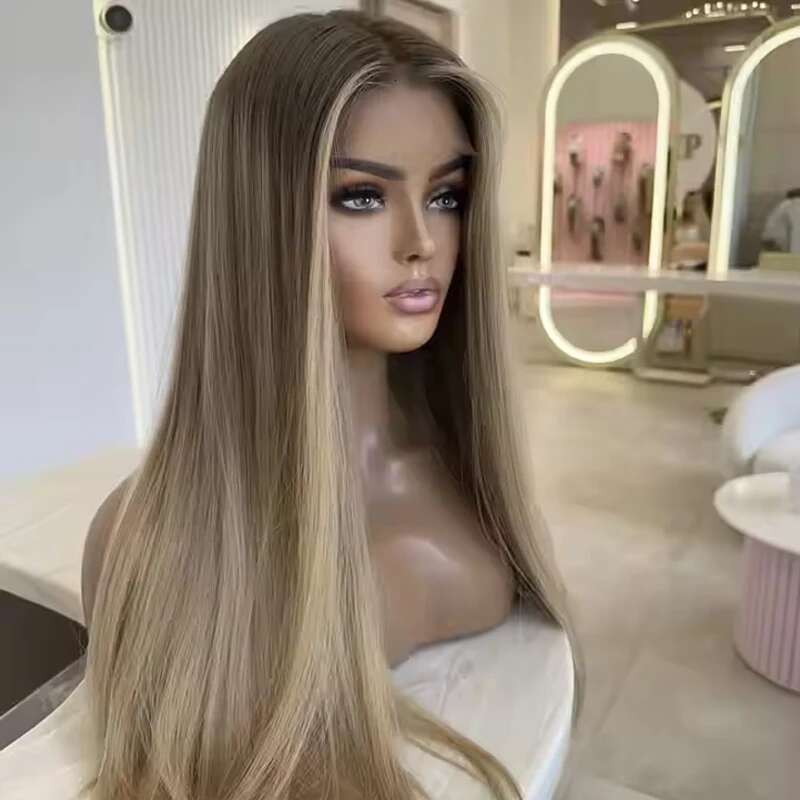 Super Natural Glue-Free Blonde Highlights Raw Russian Unprocessed Hair Je Silk Top Lace Front Wig