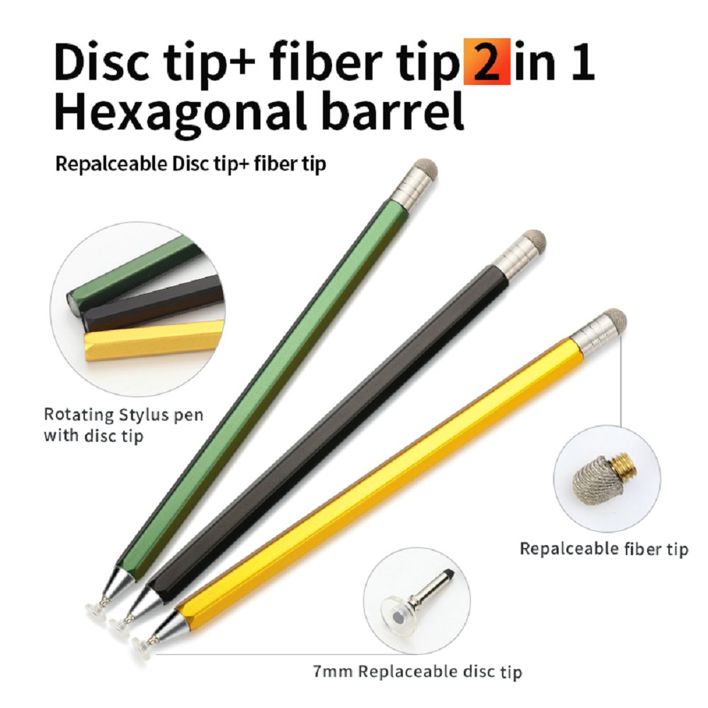 Dual-Tip Rotary Fabric & disk Metal Stylus Pen - Personalized Logo, Hexagon Holder for Students and School mobile phone tables