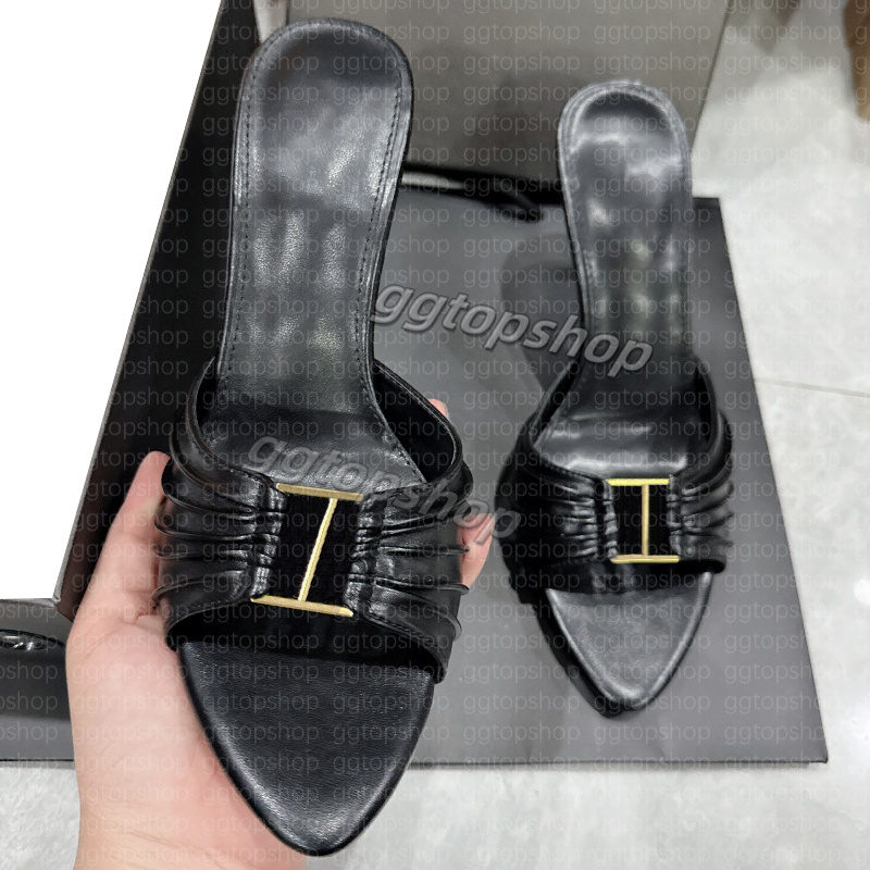 Elegant Dress shoes Ladies stiletto Slippers mule Genuine Leather Fashionable Letter Buckle Sharp toes sandals luxury women designer high-heeled Slippers 3336