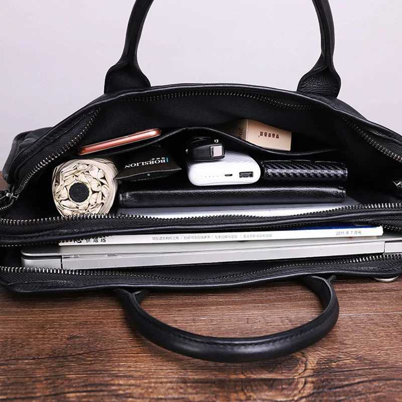New leather mens handbag soft black shoulder bag business casual briefcase 14-15.6 notebook bag portable file bag 2024 Z250418