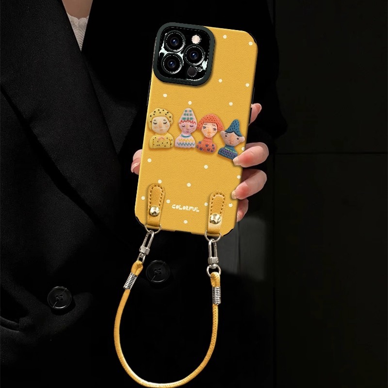 Dopamine Doll Phone Case Compatible with iPhone 17/16 Pro Max Crossbody Strap Handheld Leather Full Coverage Protective Case for Women