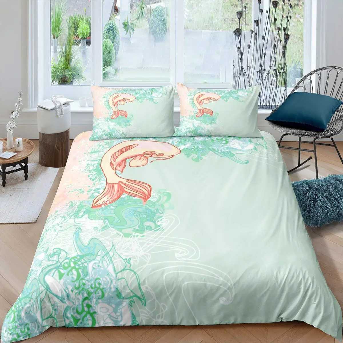 Koi Fish Duvet Cover Set King Queen Size Lucky Fish Flowers Colourful 3D Print Comforter Cover For Kids Polyester Bedding SetM251118
