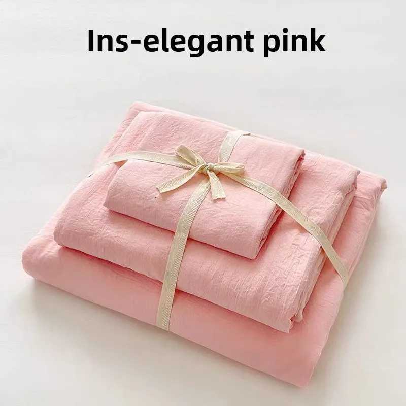 ins solid color washed cotton four-piece set quilt cover bed cover homestay single quilt cover beddingM251118