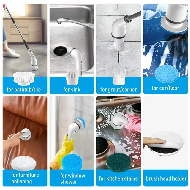 Electric Spin Scrubber, Cordless Bath Tub Power Scrubber 8in1, Deep Cleaning, Shower Cleaning Brush Household Tools for Bathroom & Tile Floor