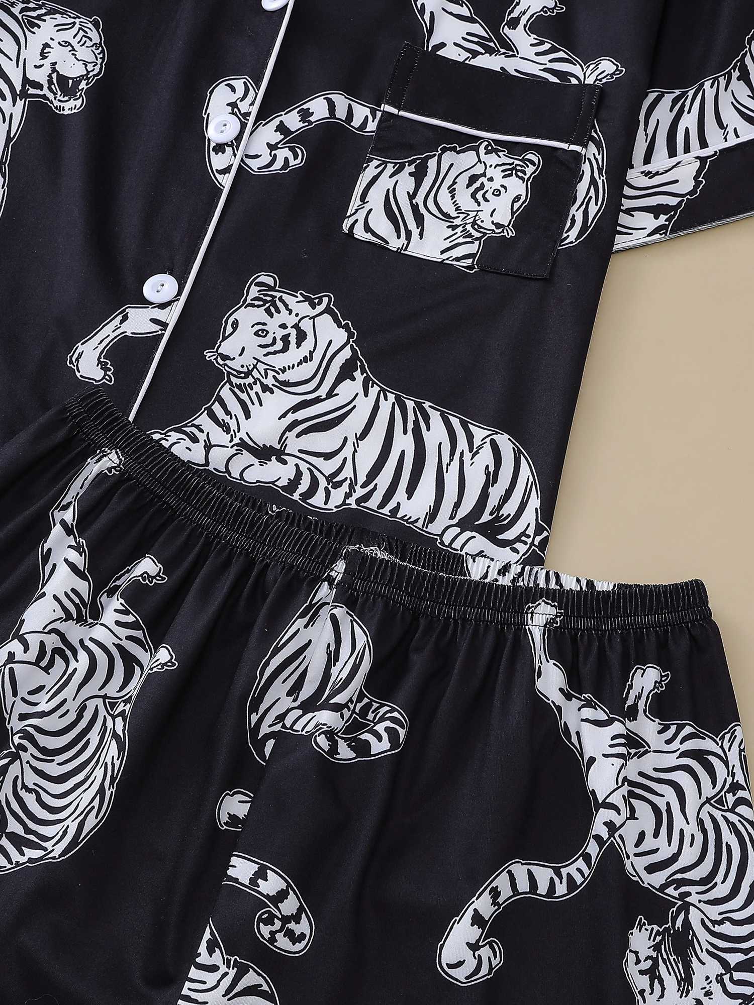 Black Tiger Double Short Womens Printed Pajama Set Collar Short Sleeve Top and Loose Shorts Comfortable Womens PajamasC250418