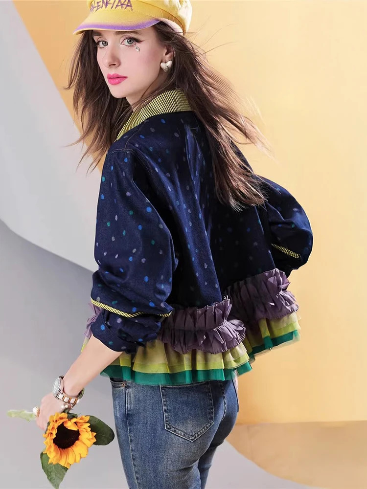 Womens Short Denim shirt Polka Dot Ruffle Patchwork Blouse Color Block Button-Up Long Sleeve Vintage Casual Streetwear 250417