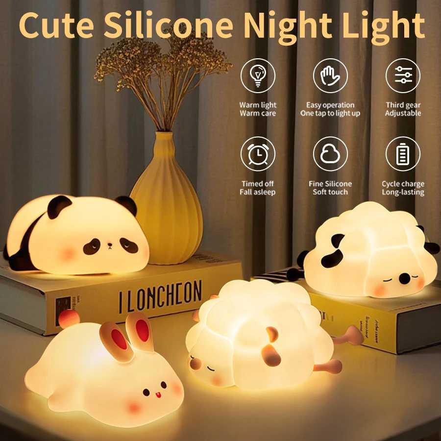 LED Night Light Cute Panda Sheep Rabbit Touch Silicone Nightlights USB Rechargeable For Bedroom Decoration Kids Birthday Gift M251118