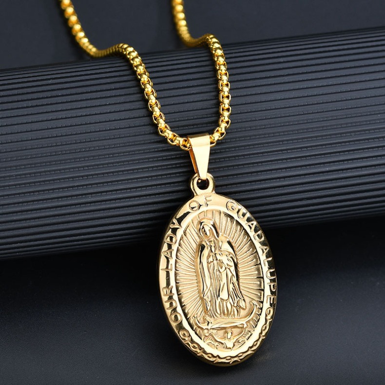 Saint Christopher Virgin Mary Lady of Guadalupe Necklace for Men Women Stainless Steel Religious Jewelry Medal Oval Shaped Pendant Amulet Jewelry Gift