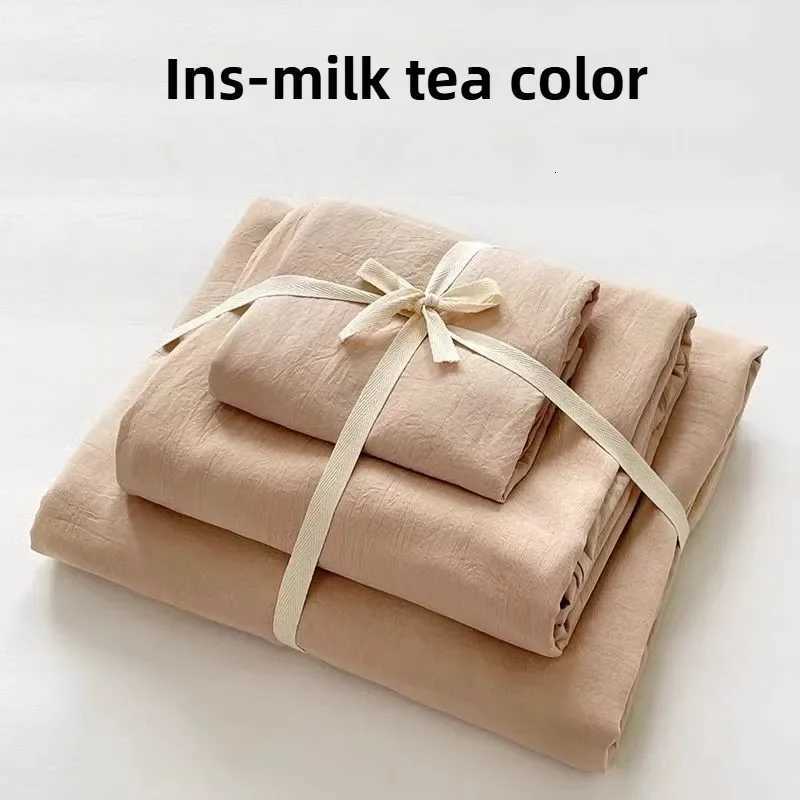 ins solid color washed cotton four-piece set quilt cover bed cover homestay single quilt cover beddingM251118